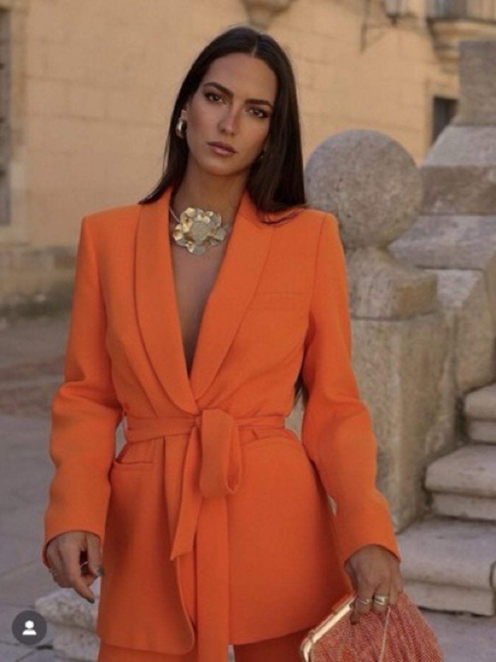 Zara Bright Orange Shawl-Collar Belted Blazer